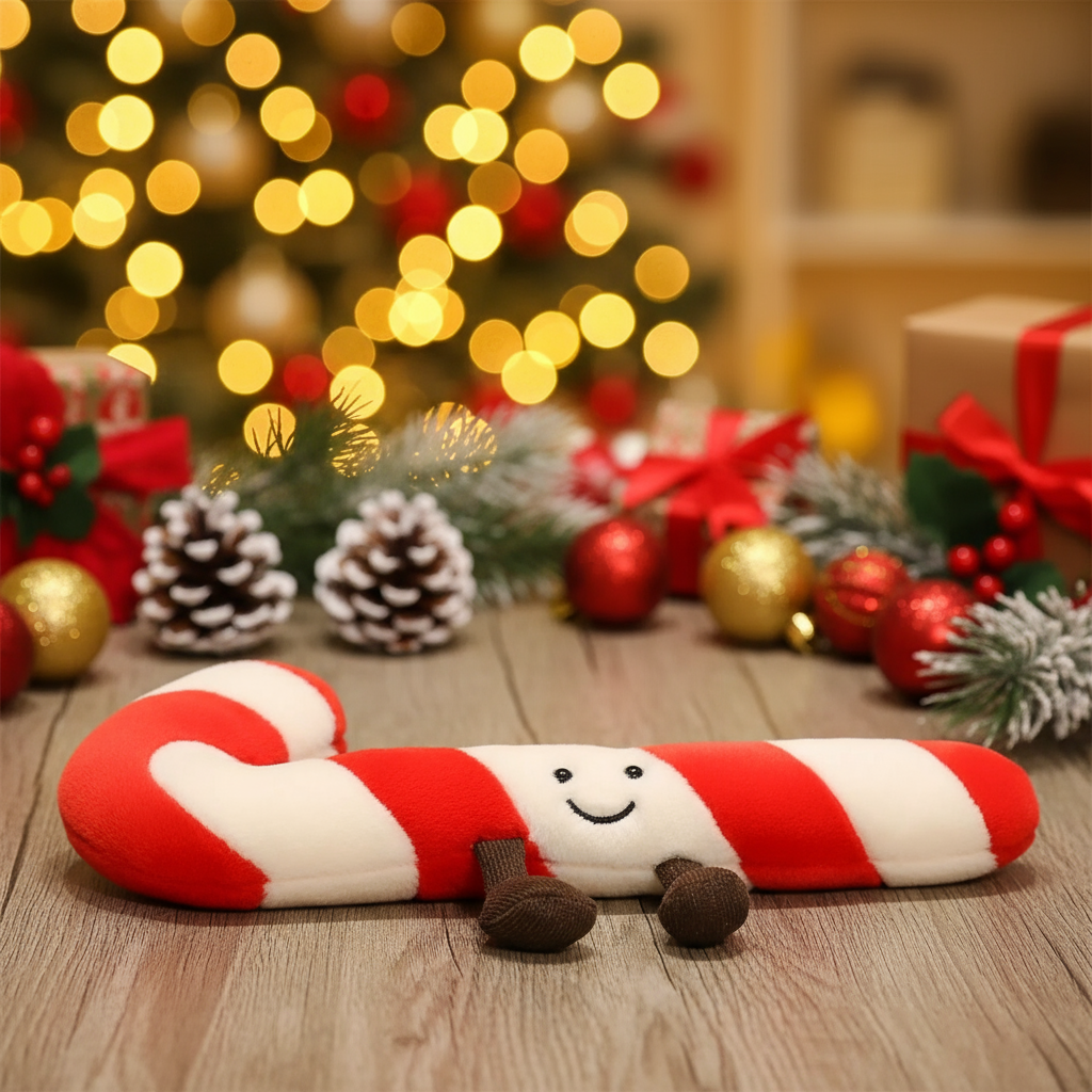 Candy cane-shaped plush toy with a smiley face on a wooden surface with Christmas decorations in the background.