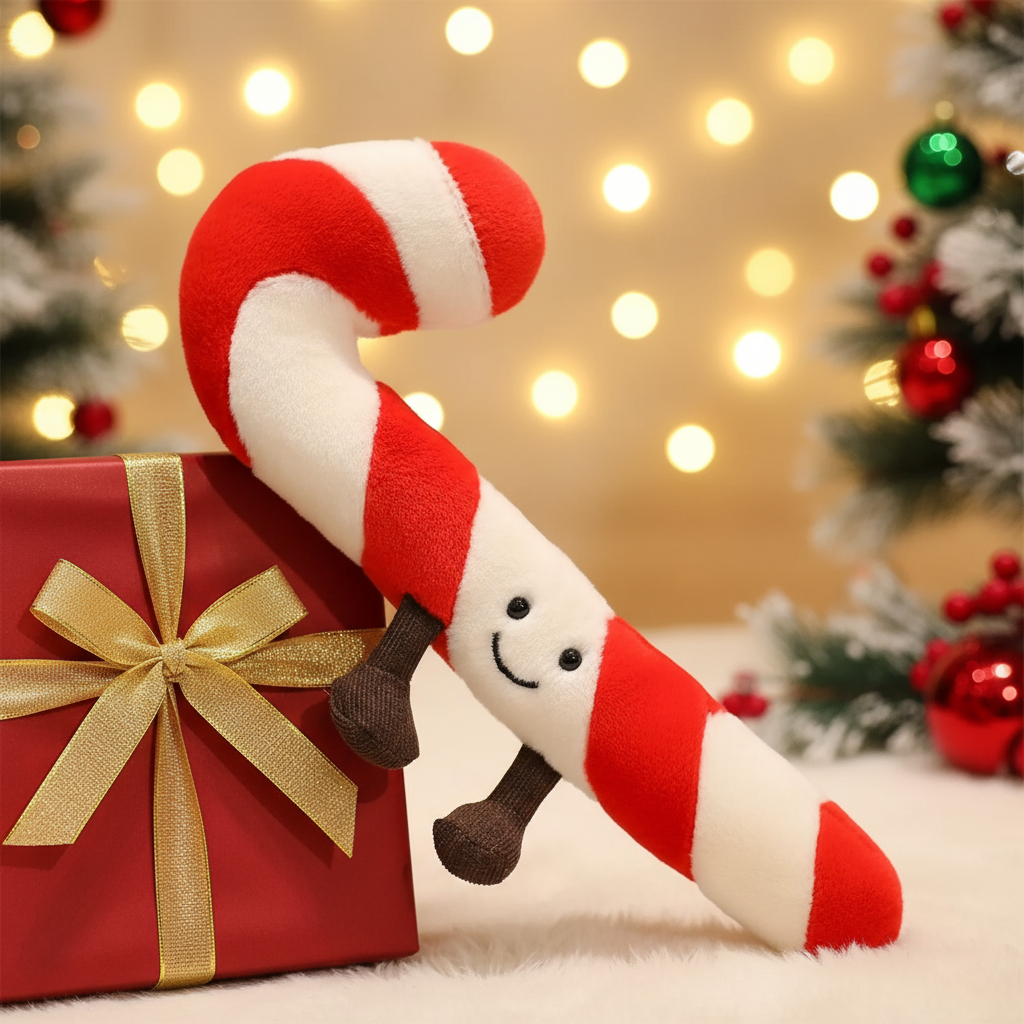 Plush candy cane with a smiley face on a red gift box against a festive background with Christmas trees and lights.