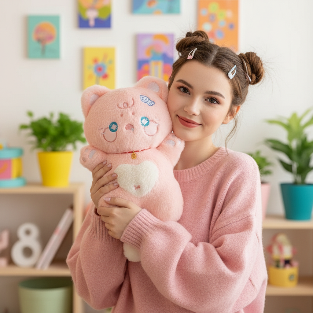 Woman holding a pink plush toy in a room with colorful decorations and plants.
