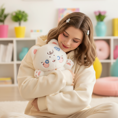 Woman holding a plush toy in a colorful room
