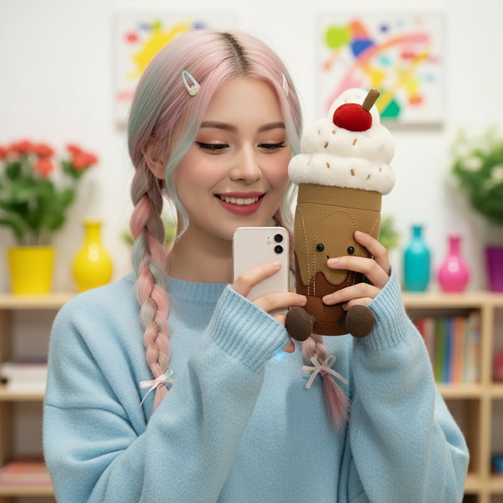 Person holding a phone with a cute ice cream-themed plushie in a colorful room.