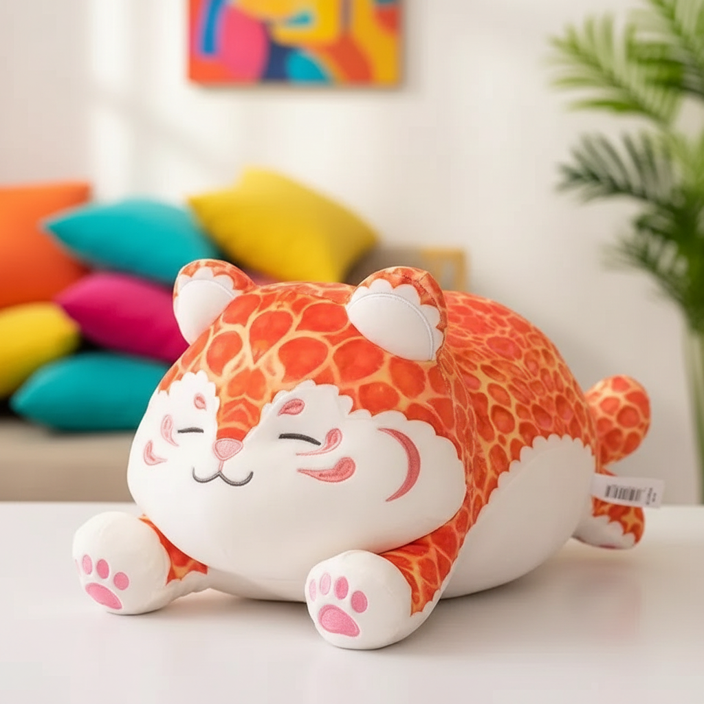 Plush toy with orange and white pattern on a light surface with colorful pillows and a plant in the background.