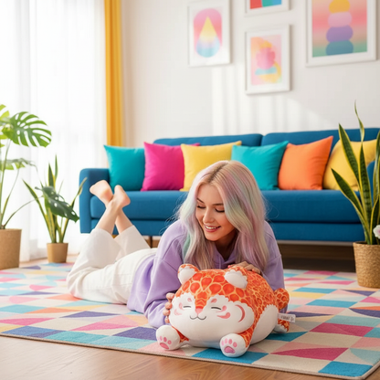 Woman lying on a colorful rug with a plush toy, surrounded by a vibrant living room.