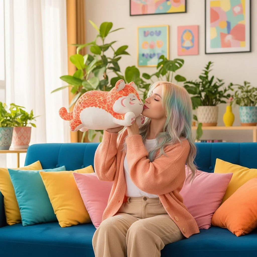 Woman holding a plush toy in a colorful living room