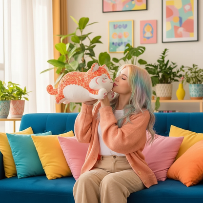 Woman holding a plush toy in a colorful living room