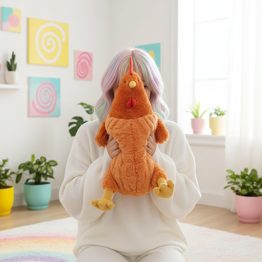 Person holding a plush toy in a room with colorful decor and plants