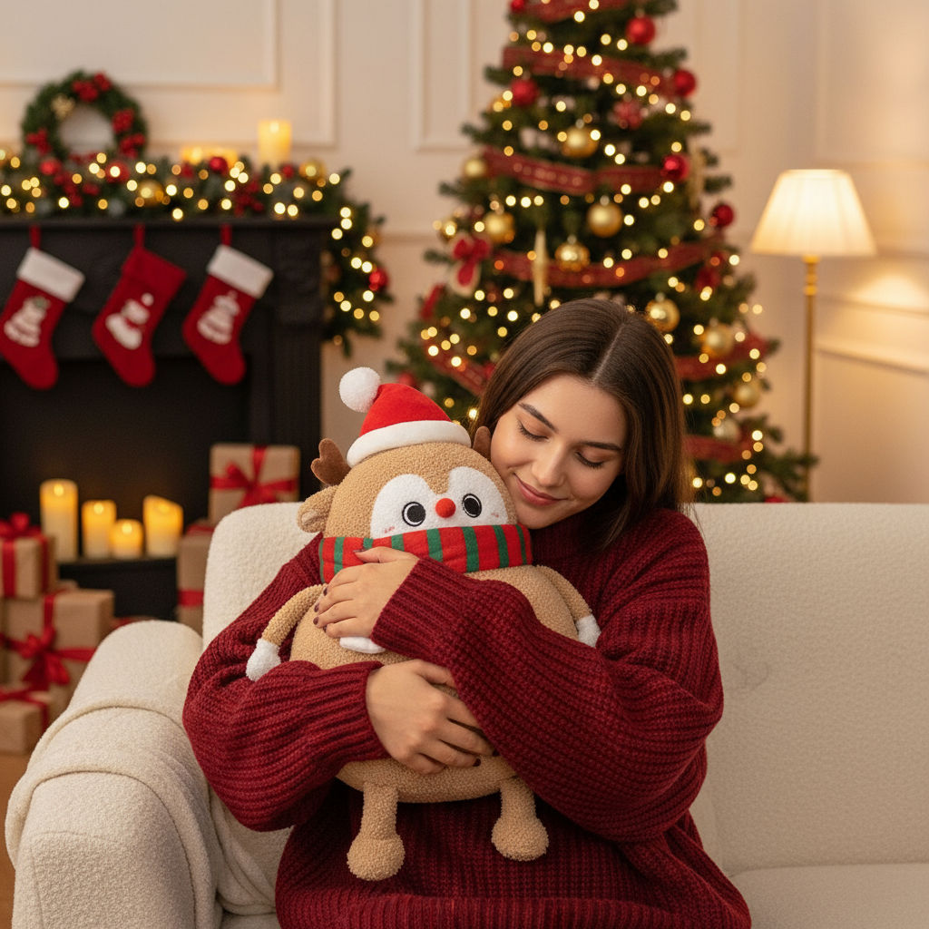 Woman in a red sweater holding a plush reindeer toy in a festive living room with Christmas decorations.