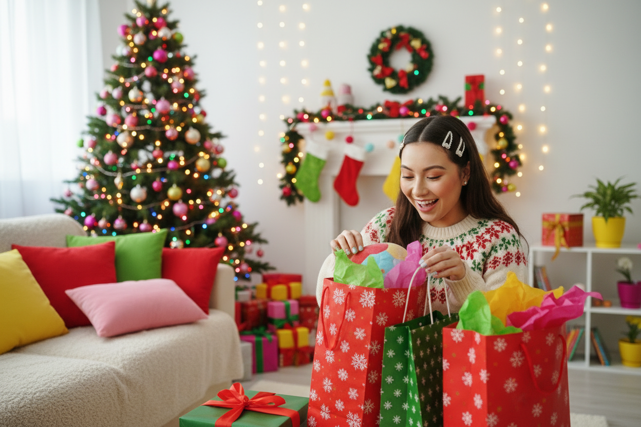 Woman in a festive sweater opening Christmas presents in a decorated living room.