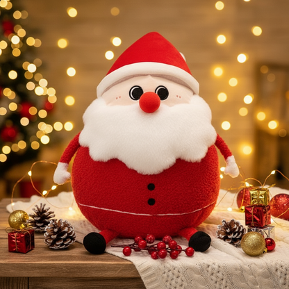 Plush Santa Claus toy with a festive background featuring lights and Christmas decorations.