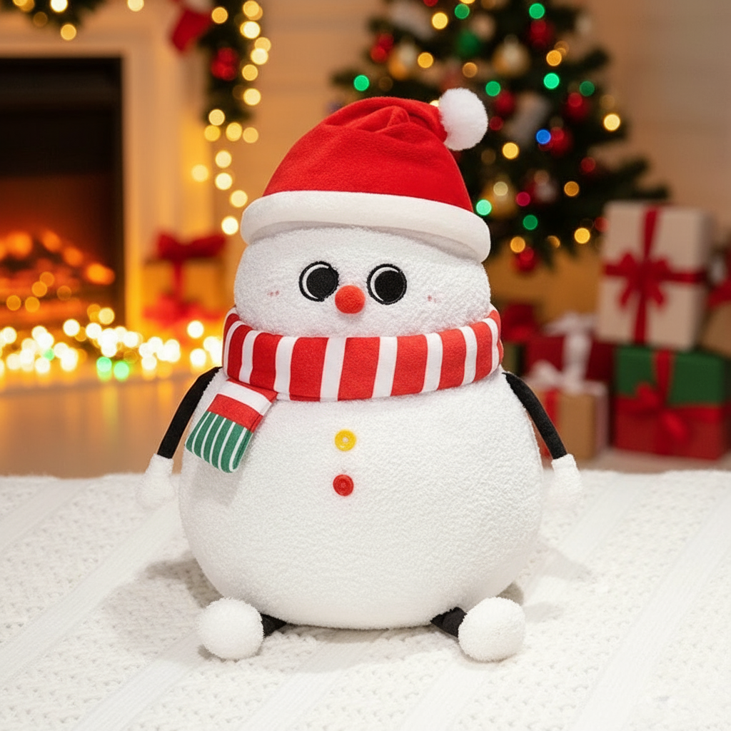 Plush snowman toy with Santa hat and scarf in a festive setting with Christmas tree and presents.