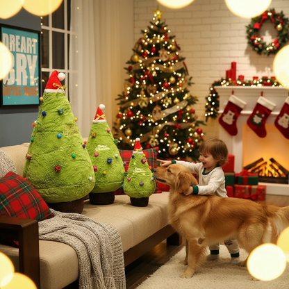 Living room decorated for Christmas with a child and dog interacting with plushies