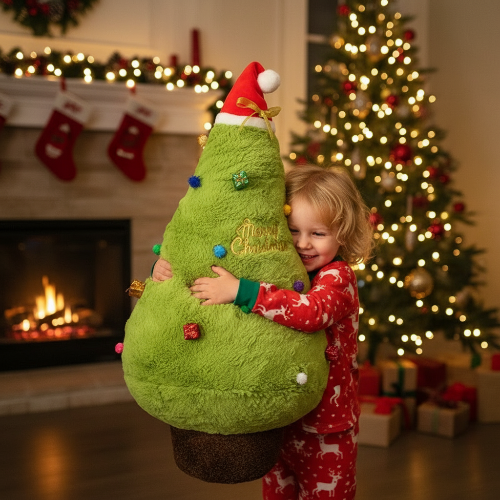 Child holding a green Christmas tree-shaped plushie in front of a decorated fireplace and tree.