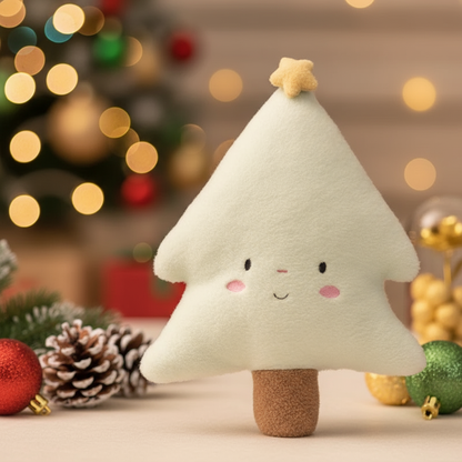 Toy Plush Christmas tree with a smiling face surrounded by festive decorations on a blurred background