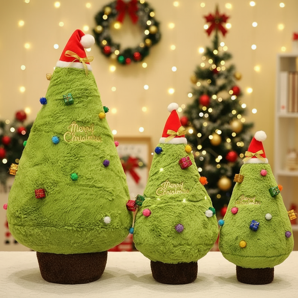Three green plush Christmas trees with Santa hats and colorful ornaments on a festive background.