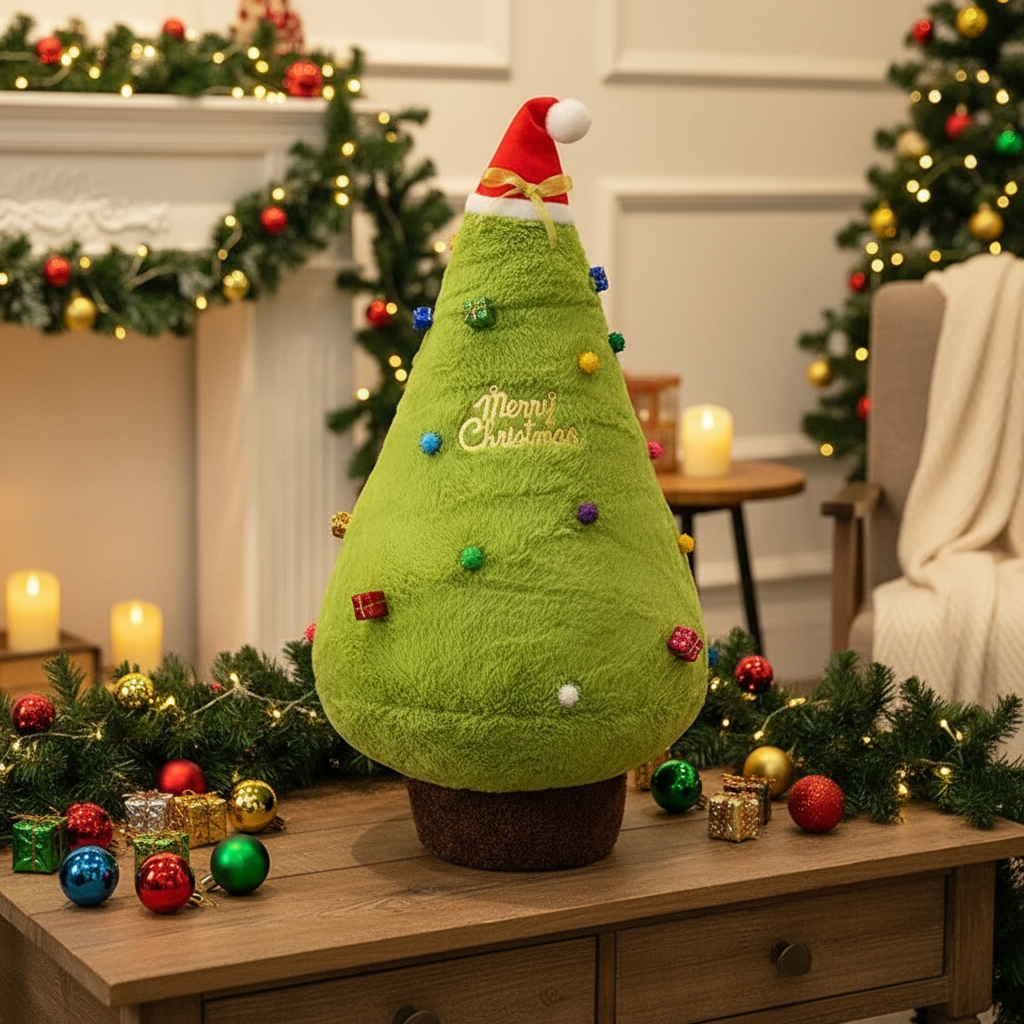 Decorative Christmas tree plush toy on a table with festive background