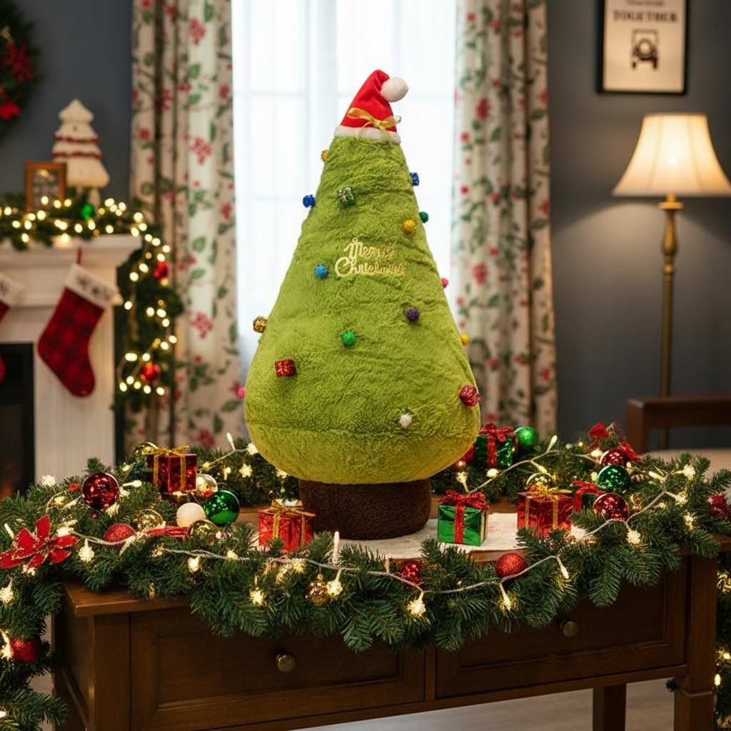 Decorative Plush Christmas tree on a table with lights and ornaments in a festive room.