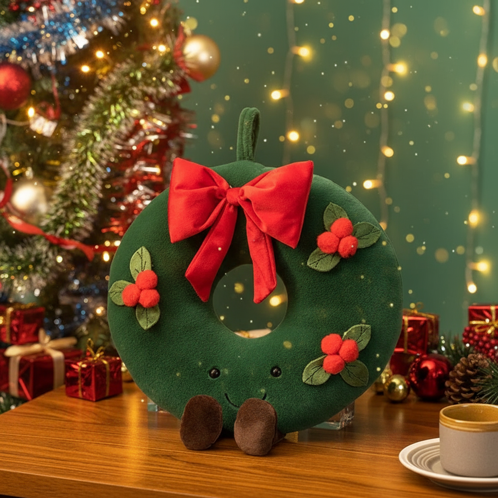 Green wreath-shaped plushie decoration with a red bow on a table with a festive background