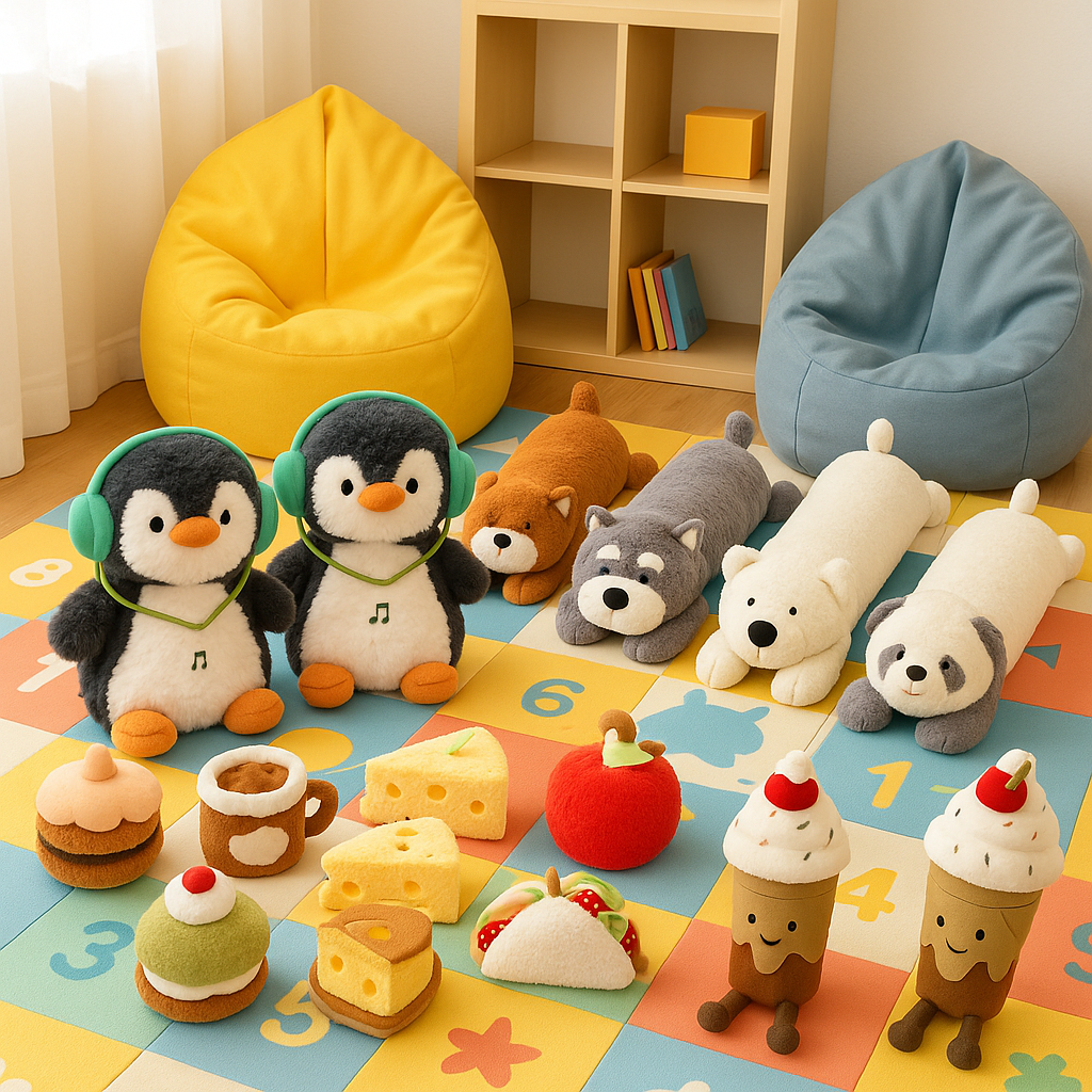 Plush toys including penguins, bears, and animals on a colorful mat with bean bags in the background.
