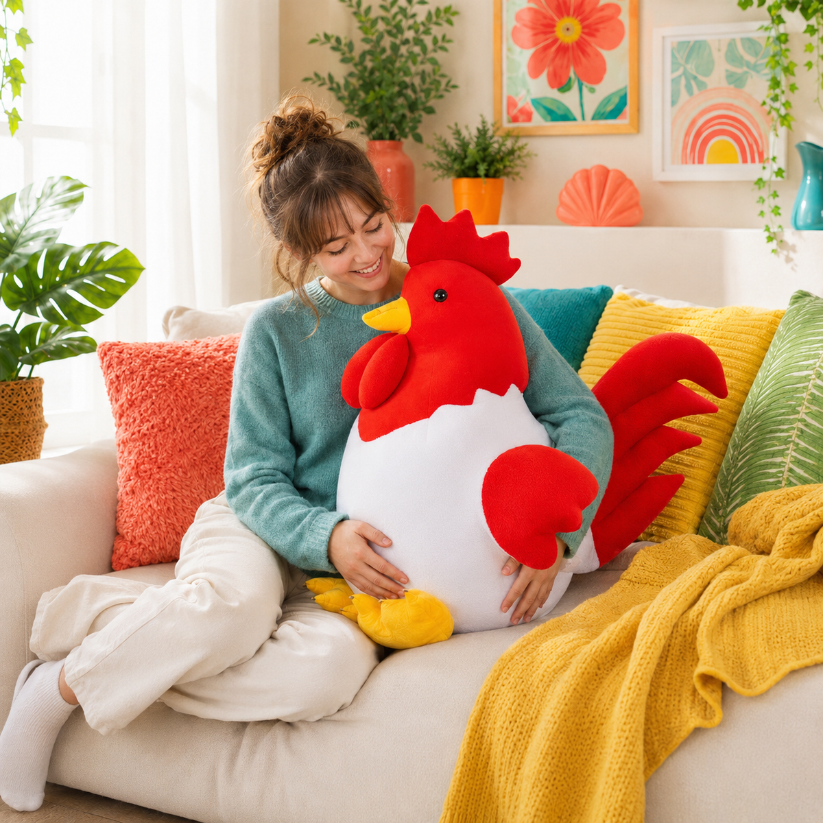 Adult relaxing with a large Ruby Rooster plushie