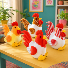 Four colorful Cock-a-Doodle Companion rooster plushies