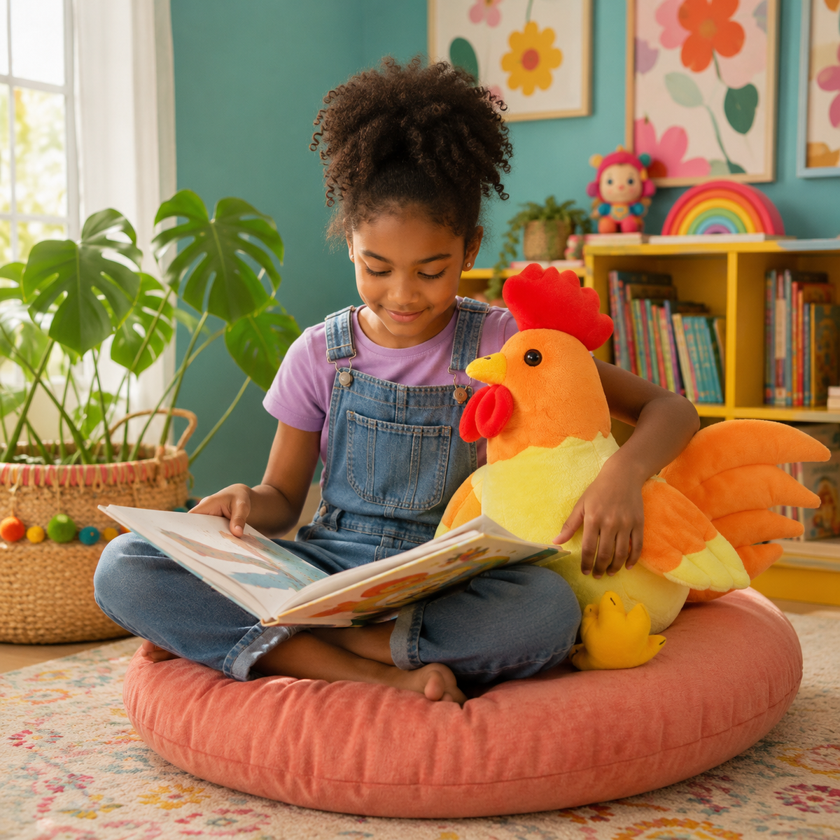 Child reading with a Golden Feathered rooster plushie