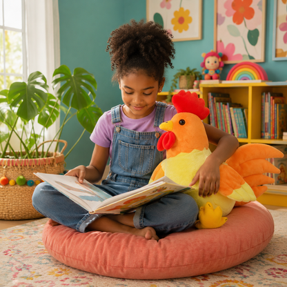 Child reading with a Golden Feathered rooster plushie