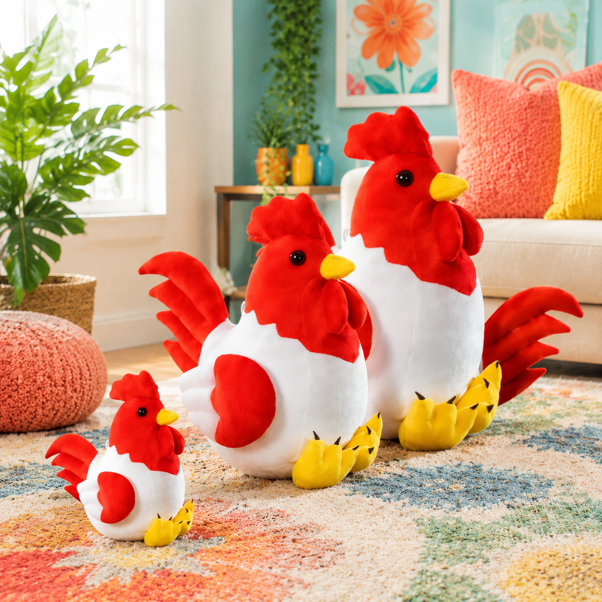 Three Cock-a-Doodle Companion rooster plushie sizes together