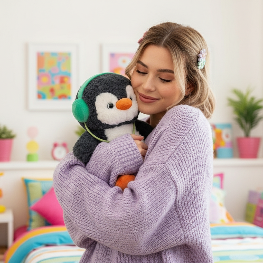Woman holding a plush penguin toy in a colorful room