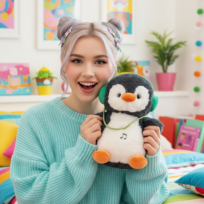 Person holding a plush penguin toy in a colorful room