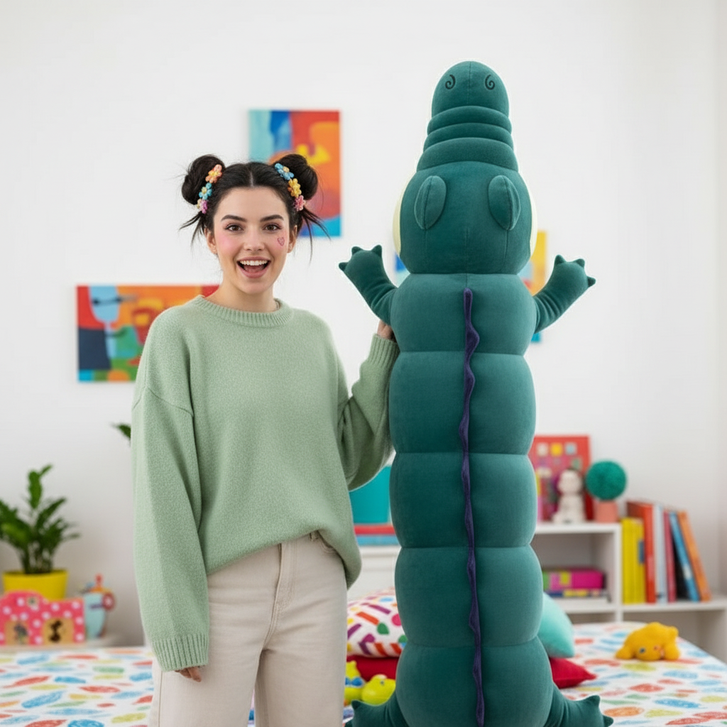 Woman holding a large green plush toy in a colorful room