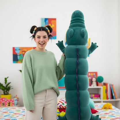 Woman holding a large green plush toy in a colorful room