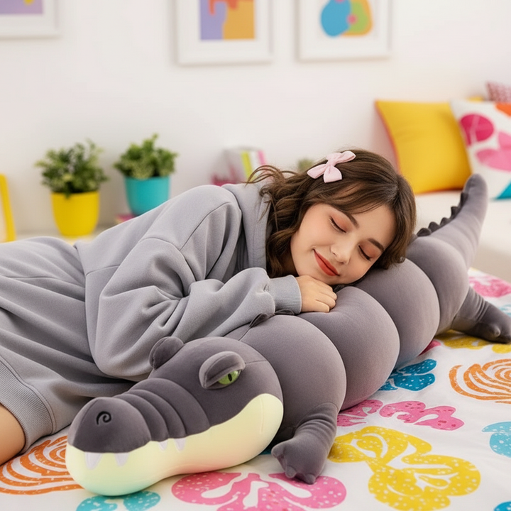 Child lying on a large crocodile-shaped pillow in a colorful room.