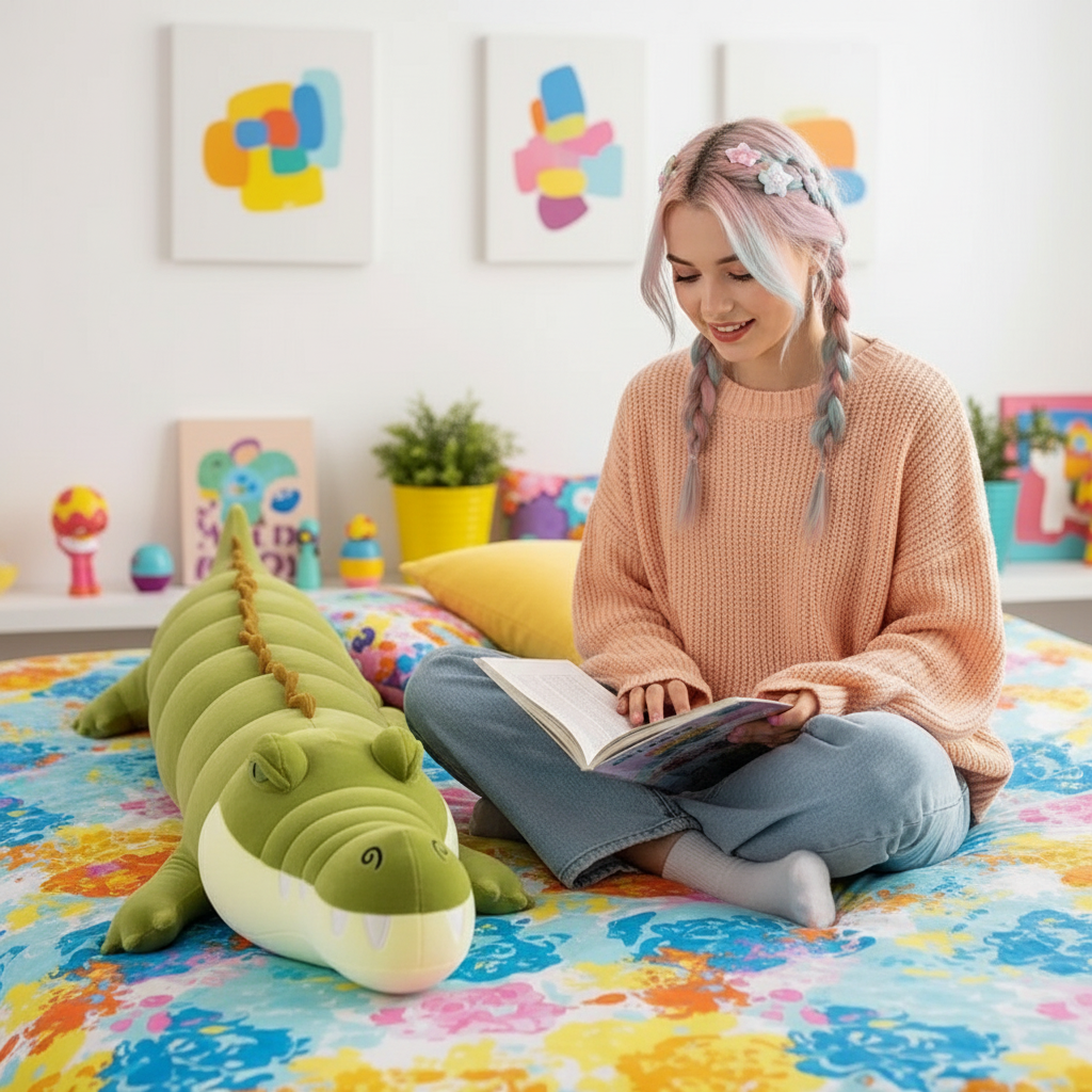 Woman reading a book next to a green plush toy on a colorful bed in a child-friendly room.