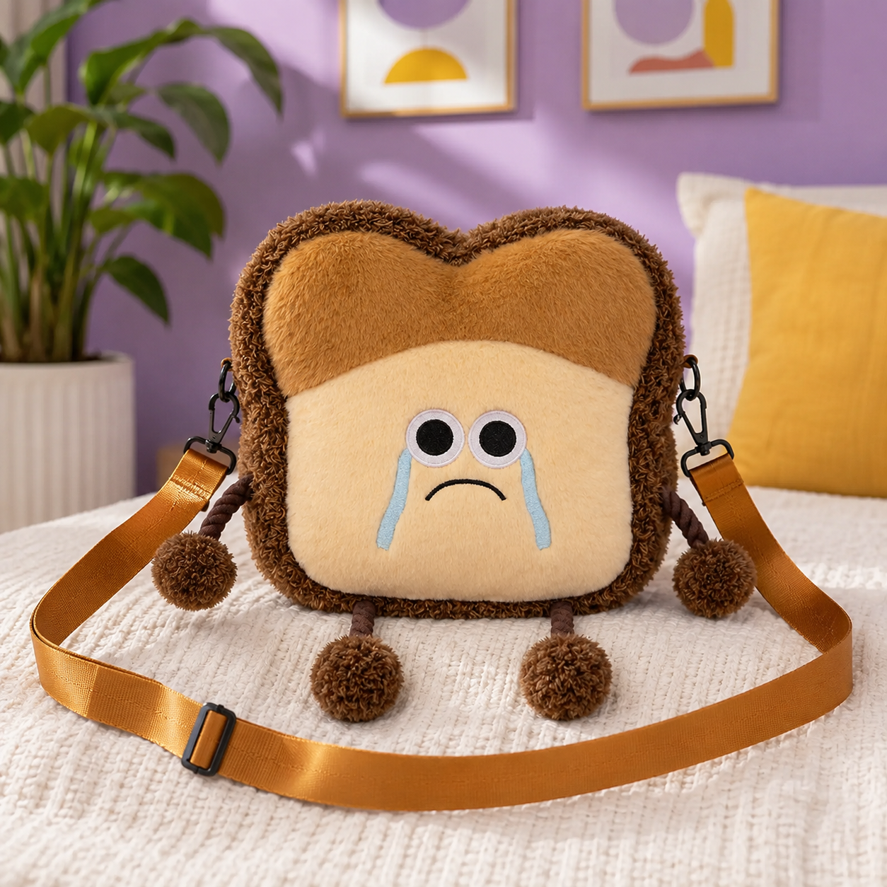 Crying toast plush crossbody bag in a colorful room