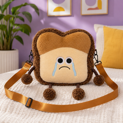 Crying toast plush crossbody bag in a colorful room
