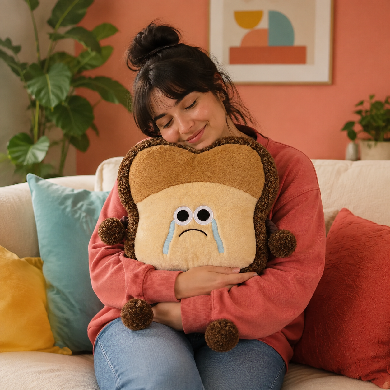 Crying toast plush pillow hugged on a colorful sofa