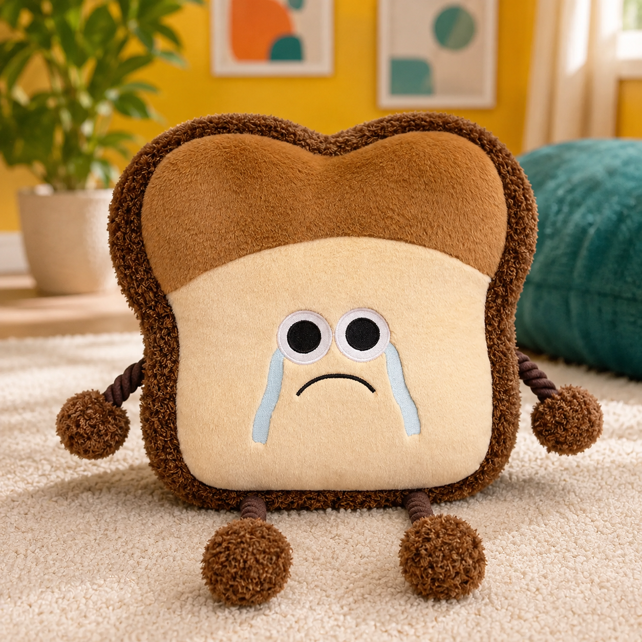 Crying toast plush pillow in a colorful room