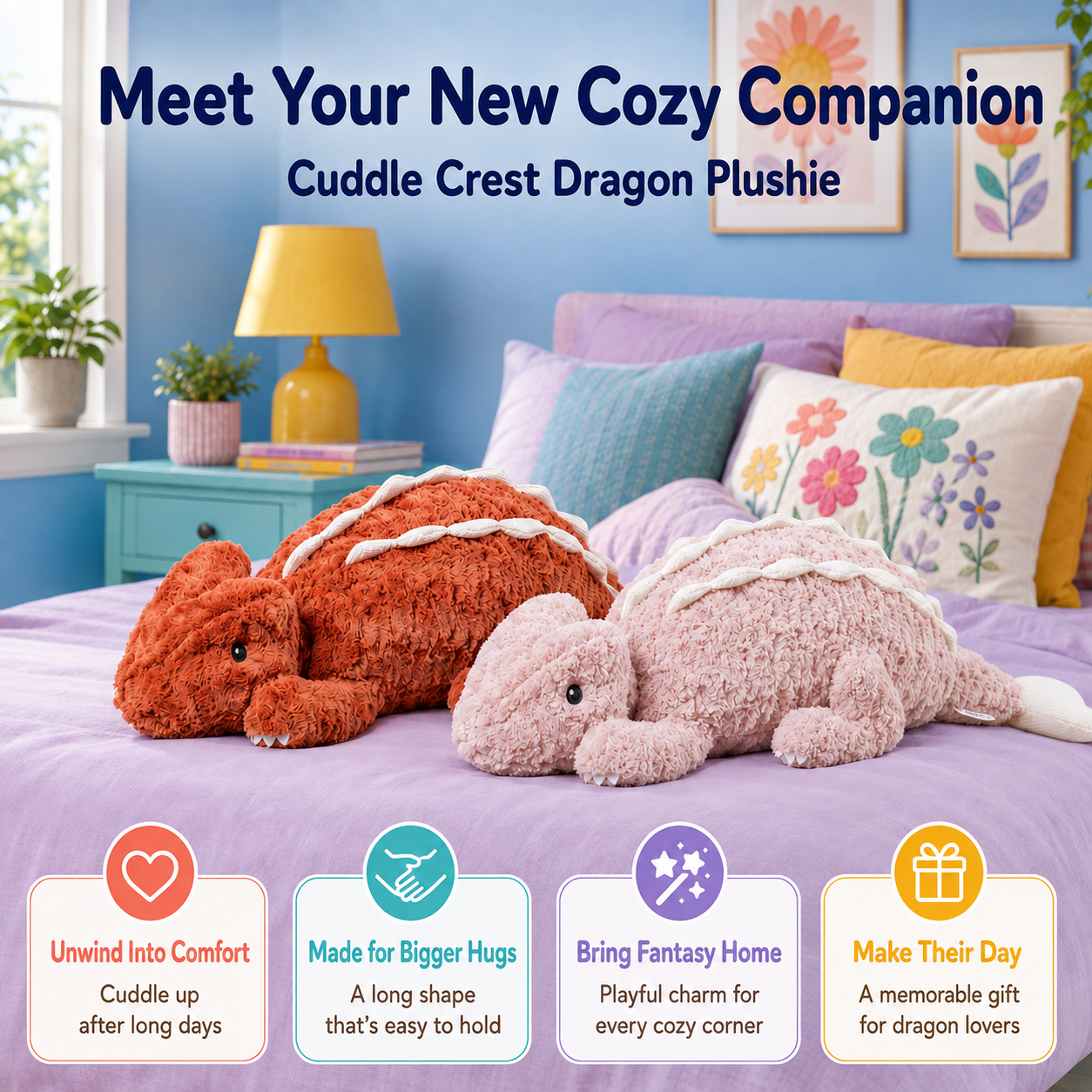 Cuddle Crest dragon plushies with comfort, gifting, and fantasy decor benefit callouts