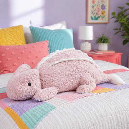 Blush Pink Cuddle Crest dragon plushie on a colorful quilt in a lavender bedroom