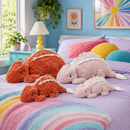 Four Cuddle Crest dragon plushies in Rust Red and Blush Pink showing both sizes