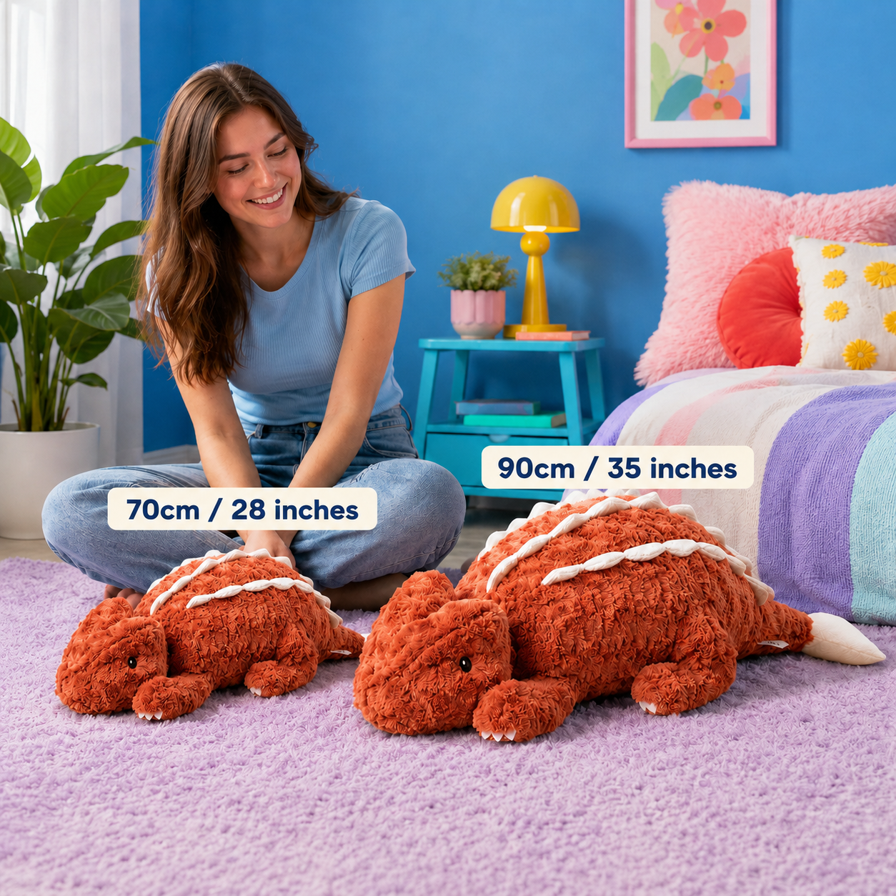 70cm and 90cm Rust Red Cuddle Crest dragon plushies shown beside an adult for scale