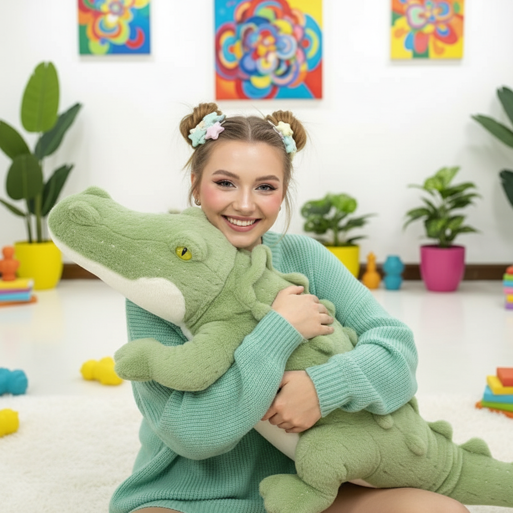 Person holding a large green plush toy in a colorful room with plants and toys.