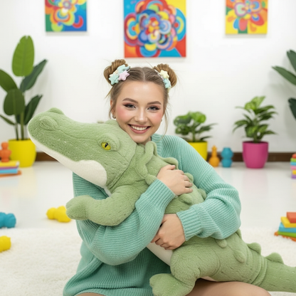 Person holding a large green plush toy in a colorful room with plants and toys.