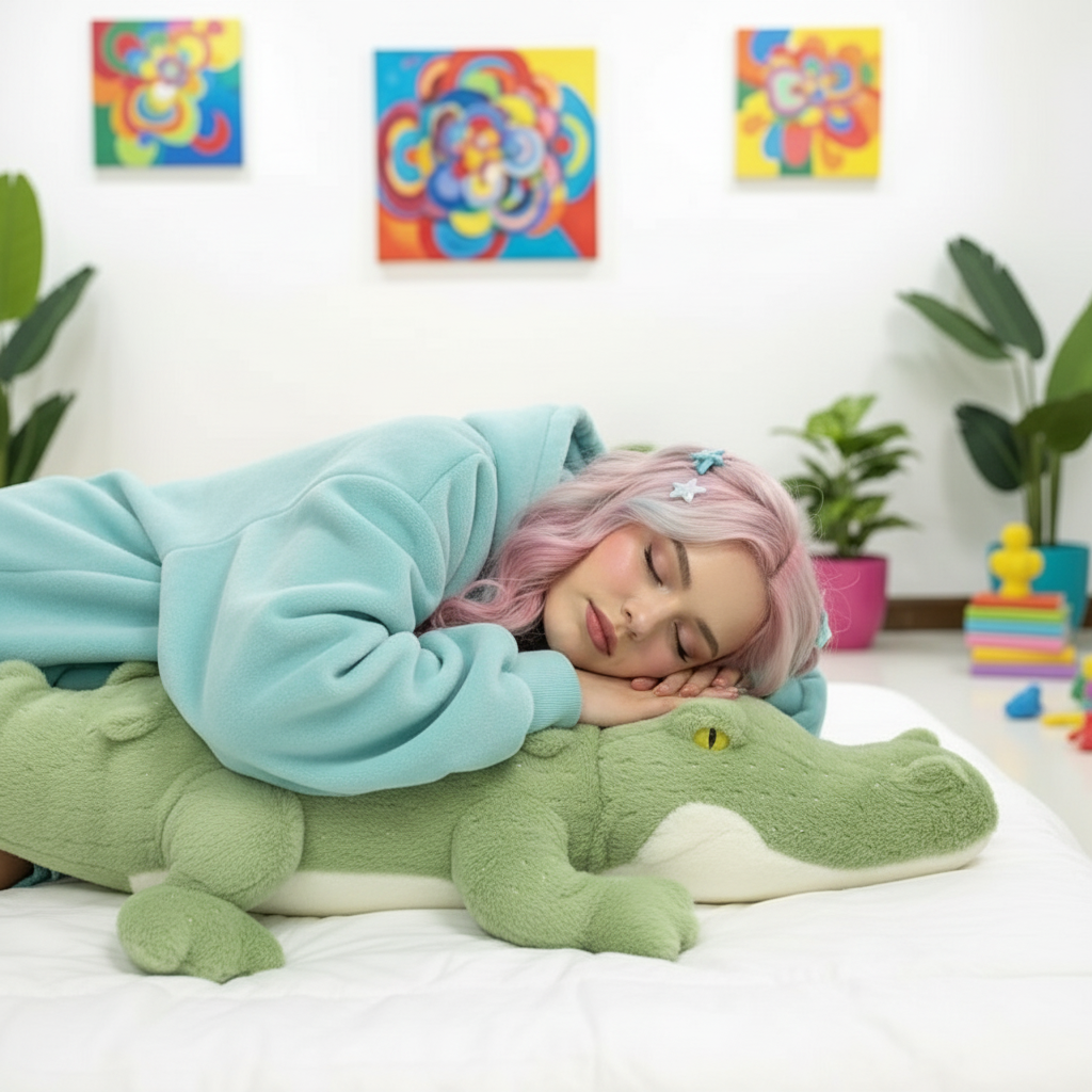 Person wearing a light blue hoodie lying on a large green crocodile plush toy in a room with colorful wall art and plants.