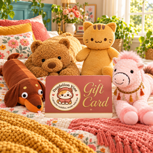 Dandelion Vine digital gift card displayed with horse, dachshund, teddy bear and tabby cat plushies in a colorful bedroom.
