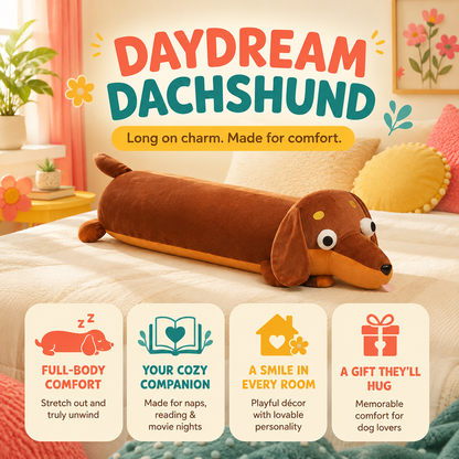 Daydream Dachshund long body pillow benefits including full-body comfort, cozy companionship, room decor, and gifting.