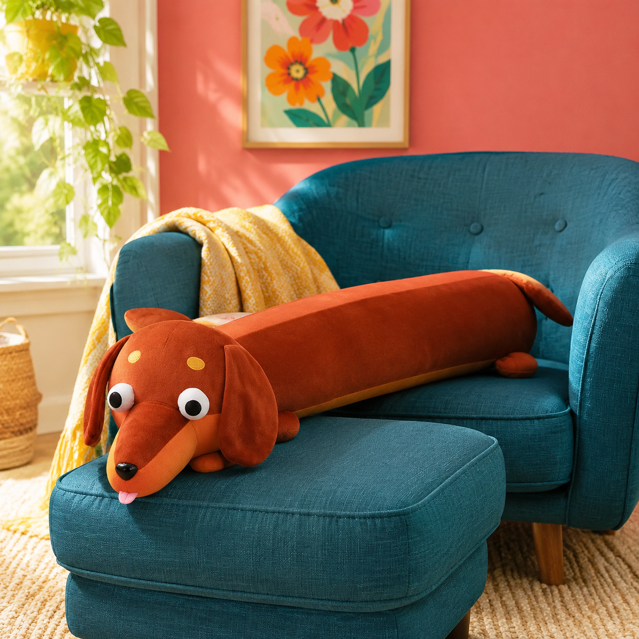 Cinnamon brown Daydream Dachshund long body pillow arranged across a teal chair and ottoman.
