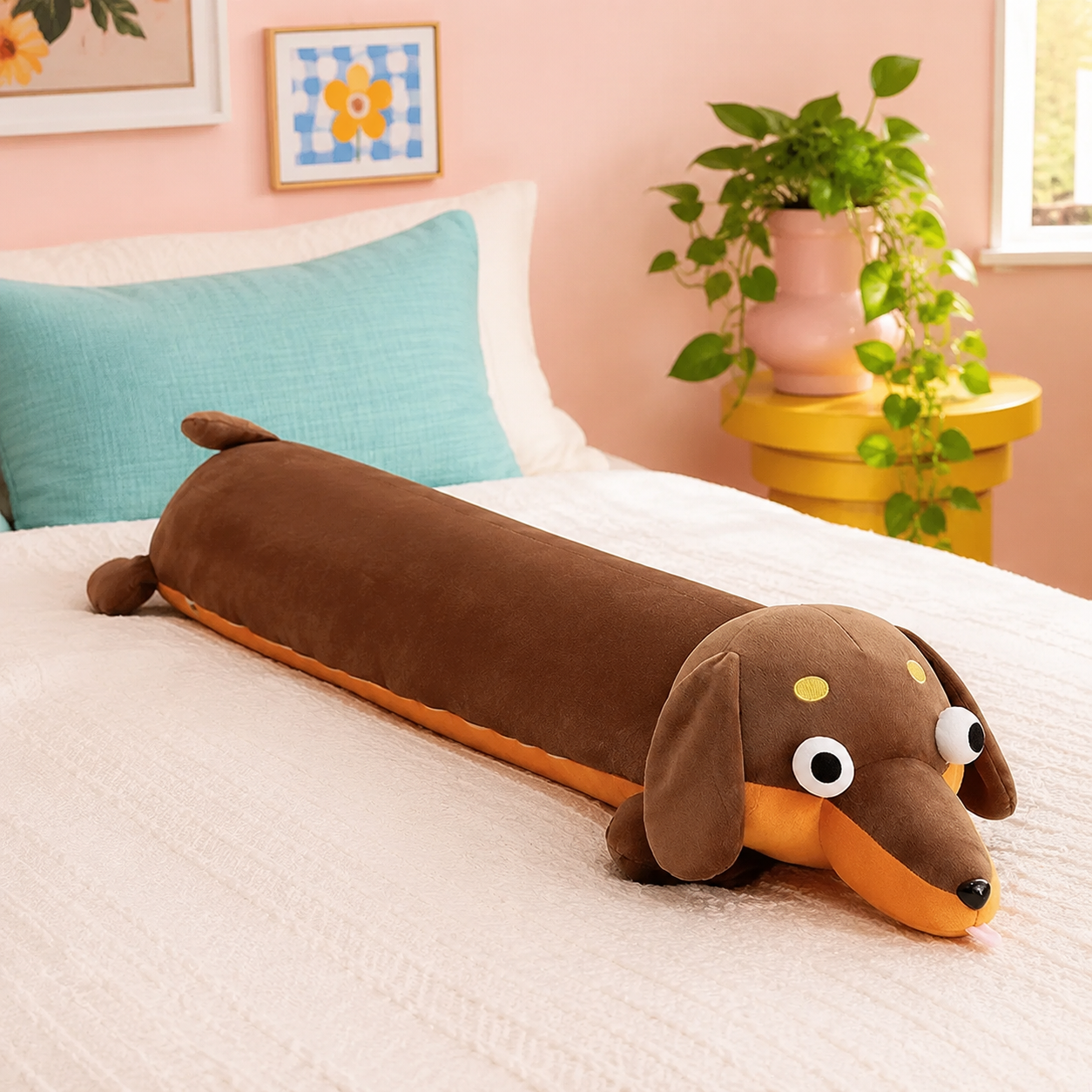 Cocoa brown Daydream Dachshund long body pillow resting on cream bedding in a colorful bedroom.