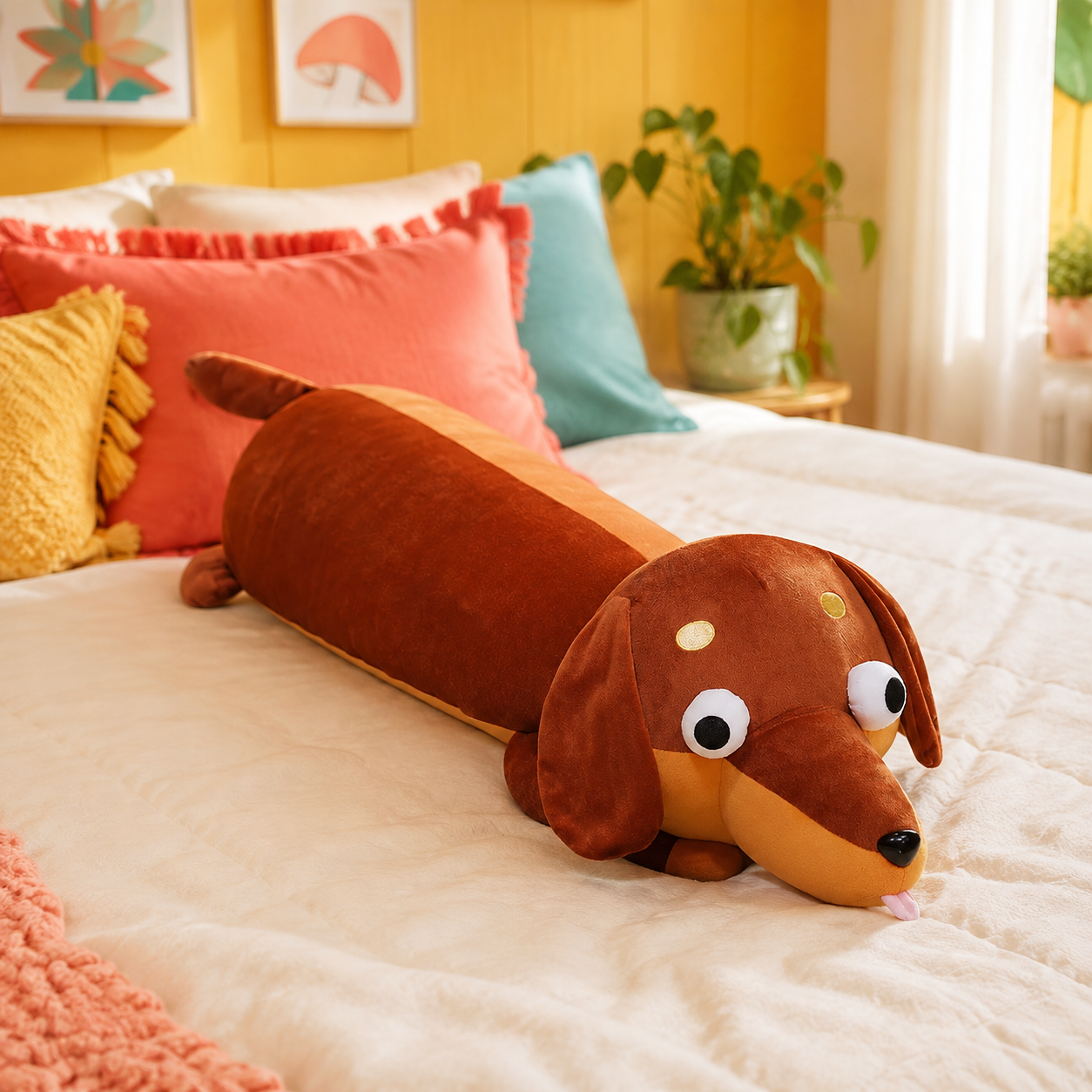 Cinnamon brown Daydream Dachshund long body pillow resting on a colorful cream bed.