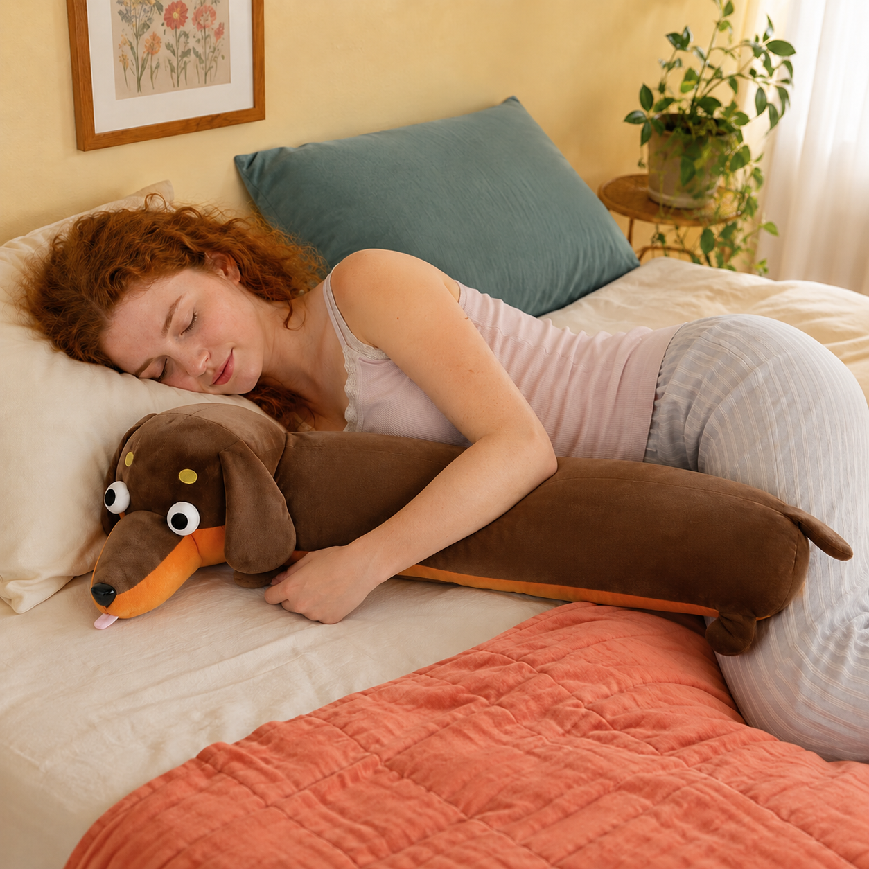 Woman resting with the 130cm cocoa brown Daydream Dachshund long body pillow.